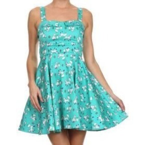 Ixia Turquiose Blue Novelty Fox Print Padded Bust Full A line Mini Dress Size S - Picture 1 of 7